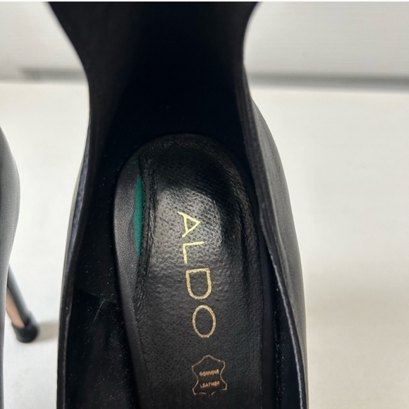 🍁 Aldo Black Leather Pumps Pointy Toe Stiletto High Heels Gold Zippers Size 7.5 - Picture 10 of 10
